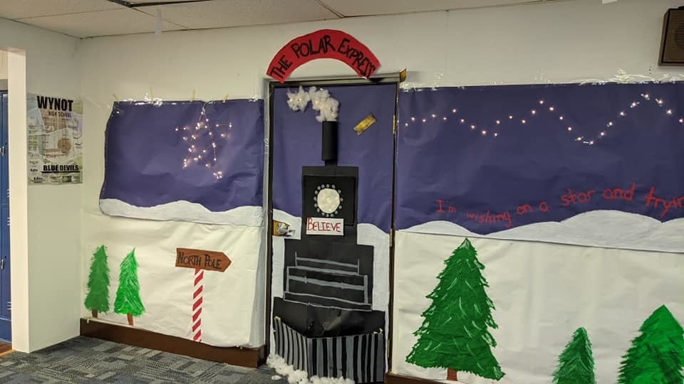 A door decorated like a train